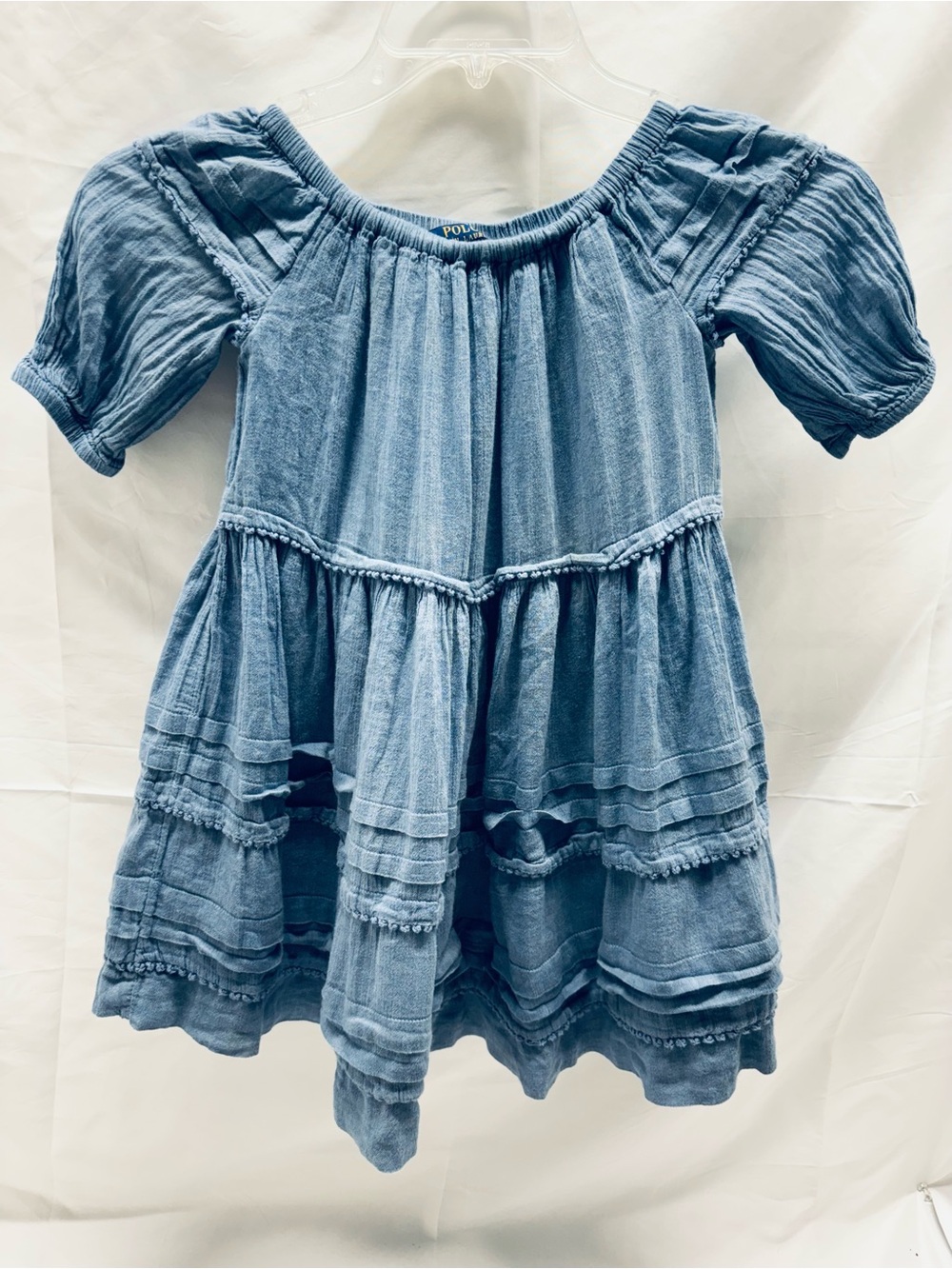 Polo Ralph Lauren Dress Girls Size 5 Chambray Blue Off Shoulder Tiered Peasant